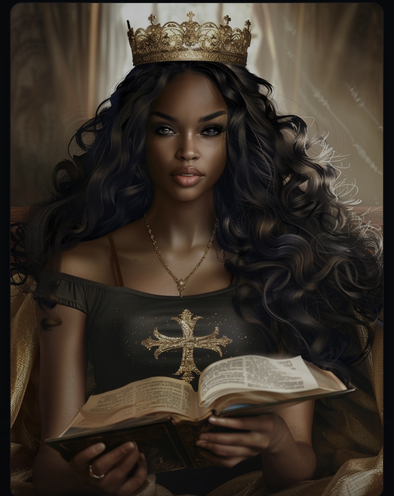 Sacred Queen — Black woman wearing a gold crown, reading scripture
